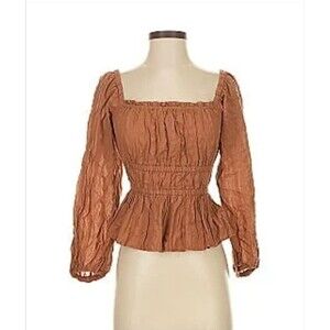 J. Crew Women’s Puff Sleeve Cotton Top Brown Sz L Peplum Smocked Cottage Fairy